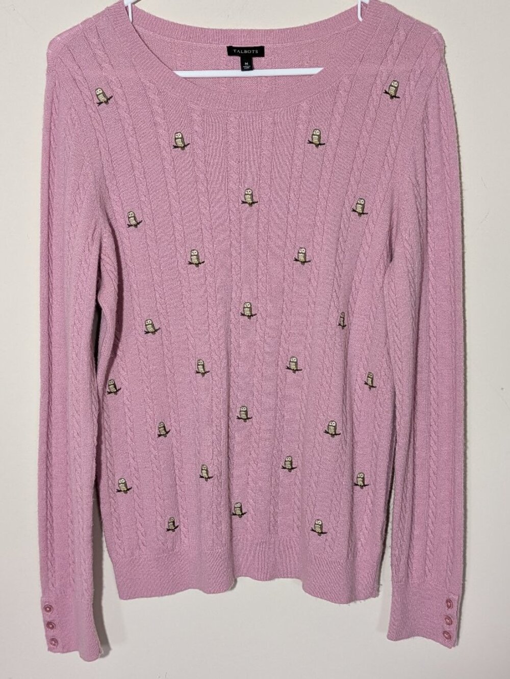 Talbots Owl Embroidered Wool Blend Cable Knit Sweater Soft Pink Size M